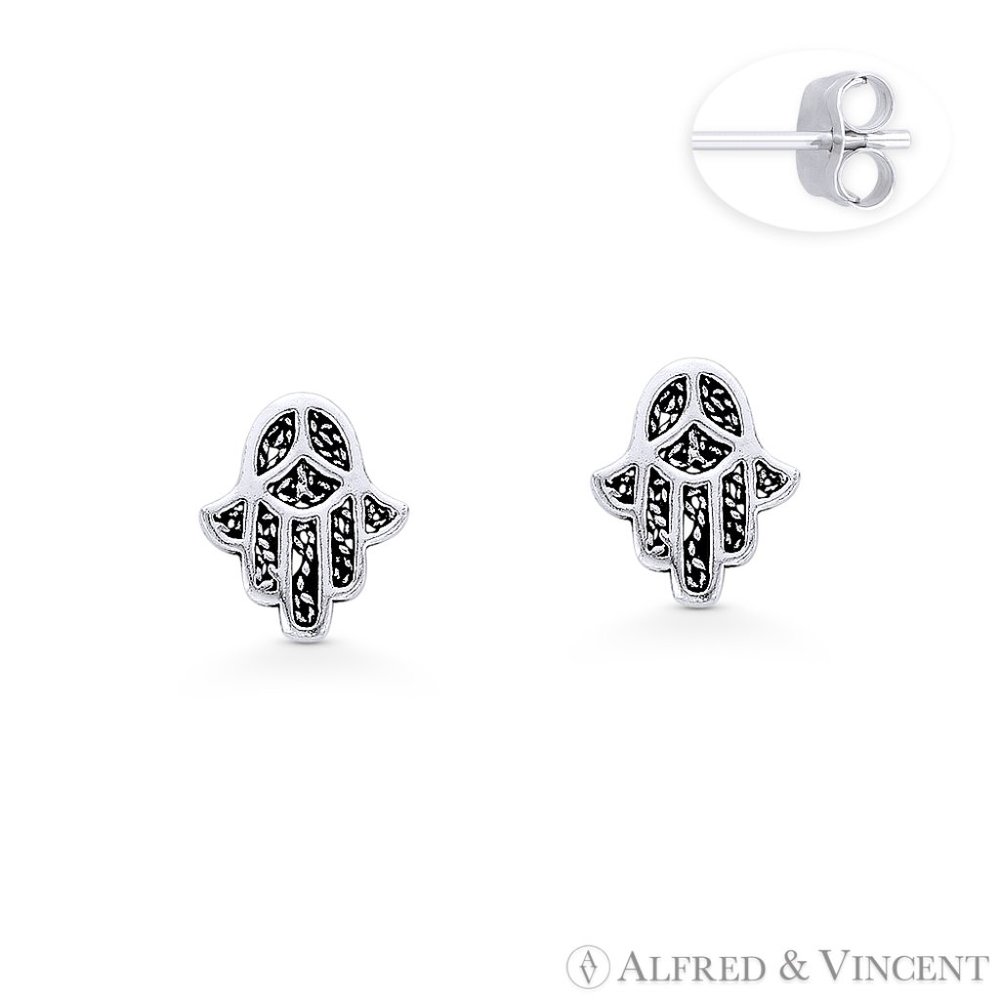 Hamsa Hand Evil Eye Luck Charm Stud Earrings in Oxidized .925 Sterling Silver